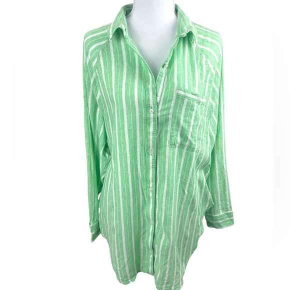 NWT Aerie Linen Blend Cover Up Green Striped Shirt Pool coastal beachy Pastel XS - Picture 7 of 12